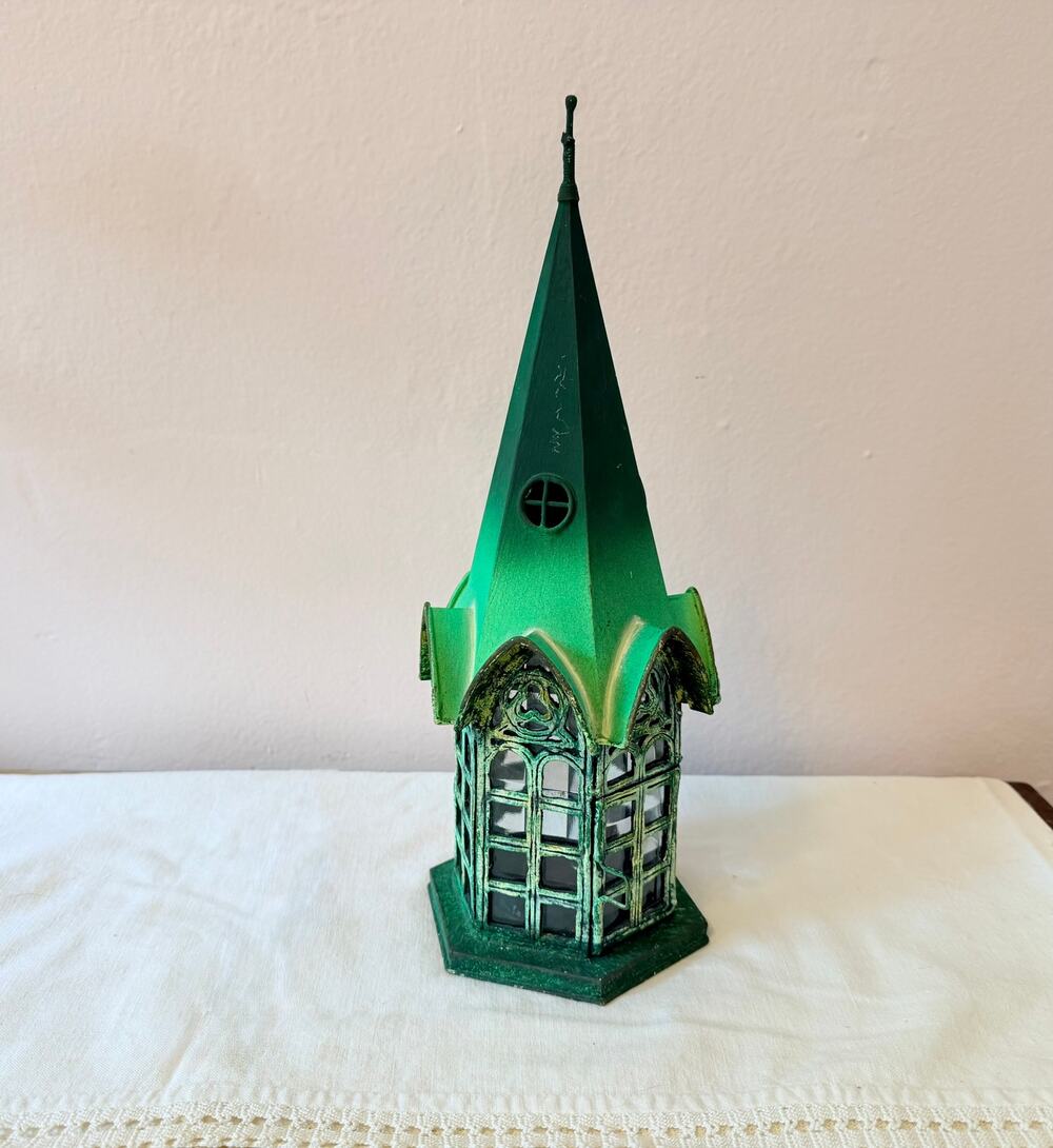 Sculptural Cathedral Tea Light Holder Gothic Church Steeple Spire Verdigris